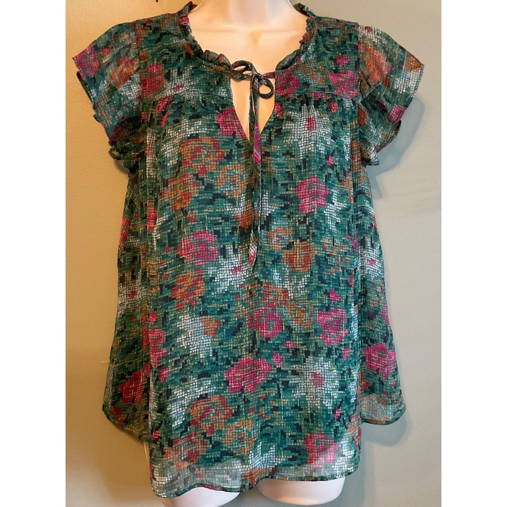 LCLauren Conrad Top Womens M Teal/Raspberry Floral Ruffle Tie Shirt/Top Metallic